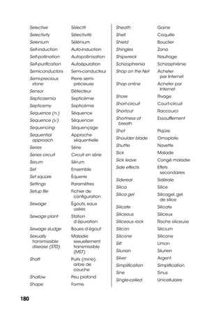 180180
Selective Sélectif
Selectivity Sélectivité
Selenium Sélénium
Self-induction Auto-induction
Self-pollination Autopollinisation
Self-puriﬁcation Autoépuration
Semiconductors Semi-conducteur
Semi-precious
stone
Pierre semi-
précieuse
Sensor Détecteur
Septicaemia Septicémie
Septicemy Septicémie
Sequence (n.) Séquence
Sequence (v.) Séquencer
Sequencing Séquençage
Sequential
approach
Approche
séquentielle
Series Série
Series circuit Circuit en série
Serum Sérum
Set Ensemble
Set square Équerre
Settings Paramètres
Setup ﬁle Fichier de
conﬁguration
Sewage Égouts, eaux
usées
Sewage plant Station
d’épuration
Sewage sludge Boues d’égout
Sexually
transmissible
disease (STD)
Maladie
sexuellement
transmissible
(MST)
Shaft Puits (mine),
arbre de
couche
Shallow Peu profond
Shape Forme
Sheath Gaine
Shell Coquille
Shield Bouclier
Shingles Zona
Shipwreck Naufrage
Schizophrenia Schizophrénie
Shop on the Net Acheter
par Internet
Shop online Acheter par
Internet
Shore Rivage
Short-circuit Court-circuit
Shortcut Raccourci
Shortness of
breath
Essoufﬂement
Shot Piqûre
Shoulder blade Omoplate
Shuttle Navette
Sick Malade
Sick leave Congé maladie
Side effects Effets
secondaires
Sidereal Sidérale
Silica Silice
Silica gel Silicagel, gel
de silice
Silicate Silicate
Siliceous Siliceux
Siliceous rock Roche siliceuse
Silicon Silicium
Silicone Silicone
Silt Limon
Silurian Silurien
Silver Argent
Simpliﬁcation Simpliﬁcation
Sine Sinus
Single-celled Unicellulaire
 