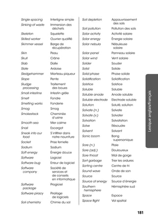 181181
Lexiqueanglais/français
Single spacing Interligne simple
Sinking of waste Immersion des
déchets
Skeleton Squelette
Skilled worker Ouvrier qualiﬁé
Skimmer vessel Barge de
récupération
Skin Peau
Skull Crâne
Slab Dalle
Slate Ardoise
Sledgehammer Marteau piqueur
Slope Pente
Sludge
processing
Traitement
des boues
Small intestine Intestin grêle
Smelt Fondre
Smelting works Fonderie
Smog Smog
Smokestack Cheminée
d’usine
Smooth sea Mer calme
Snail Escargot
Sneak into our
food
S’inﬁltrer dans
notre nourriture
Socket Prise femelle
Sodium Sodium
Soft energy Énergie douce
Software Logiciel
Software bug Erreur de logiciel
Software
company
Société de
services et
de conseils
en informatique
Software
package
Progiciel
Software piracy Piratage
de logiciels
Soil chemistry Chimie du sol
Soil depletion Appauvrissement
des sols
Soil pollution Pollution des sols
Solar activity Activité solaire
Solar energy Énergie solaire
Solar nebula Nébuleuse
solaire
Solar panel Panneau solaire
Solar wind Vent solaire
Solder Souder
Solid Solide
Solid phase Phase solide
Solidiﬁcation Solidiﬁcation
Solstice Solstice
Soluble Soluble
Soluble anode Anode soluble
Soluble electrode Electrode soluble
Solution Soluté, solution
Solvate (n.) Solvate
Solvate (v.) Solvater
Solvation Solvatation
Solve Résoudre
Solvent Solvant
Sonic boom Bang
supersonique
Sore (n.) Plaie
Sore (adj.) Douloureux
Sore throat Mal de gorge
Sort garbage Trier les ordures
Sorting centre Centre de tri
Sound wave Onde de son
Source Source
Source of energy Source d’énergie
Southern
hemisphere
Hémisphère sud
Space Espace
Space ﬂight Vol spatial
 