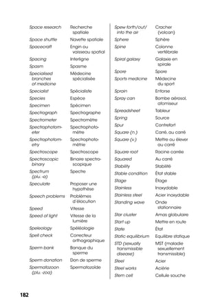 182182
Space research Recherche
spatiale
Space shuttle Navette spatiale
Spacecraft Engin ou
vaisseau spatial
Spacing Interligne
Spasm Spasme
Specialised
branches
of medicine
Médecine
spécialisée
Specialist Spécialiste
Species Espèce
Specimen Spécimen
Spectrograph Spectrographe
Spectrometer Spectromètre
Spectrophotom-
eter
Spectrophoto-
mètre
Spectrophotom-
etry
Spectrophoto-
métrie
Spectroscope Spectroscope
Spectroscopic
binary
Binaire spectro-
scopique
Spectrum
(plu. -a)
Spectre
Speculate Proposer une
hypothèse
Speech problems Problèmes
d’élocution
Speed Vitesse
Speed of light Vitesse de la
lumière
Speleology Spéléologie
Spell check Correcteur
orthographique
Sperm bank Banque du
sperme
Sperm donation Don de sperme
Spermatozoon
(plu. -zoa)
Spermatozoïde
Spew forth/out/
into the air
Cracher
(volcan)
Sphere Sphère
Spine Colonne
vertébrale
Spiral galaxy Galaxie en
spirale
Spore Spore
Sports medicine Médecine
du sport
Sprain Entorse
Spray can Bombe aérosol,
atomiseur
Spreadsheet Tableur
Spring Source
Spur Contrefort
Square (n.) Carré, au carré
Square (v.) Mettre ou élever
au carré
Square root Racine carrée
Squared Au carré
Stability Stabilité
Stable condition État stable
Stage Étage
Stainless Inoxydable
Stainless steel Acier inoxydable
Standing wave Onde
stationnaire
Star cluster Amas globulaire
Start up Mettre en route
State État
Static equilibrium Equilibre statique
STD (sexually
transmissible
disease)
MST (maladie
sexuellement
transmissible)
Steel Acier
Steel works Aciérie
Stem cell Cellule souche
 