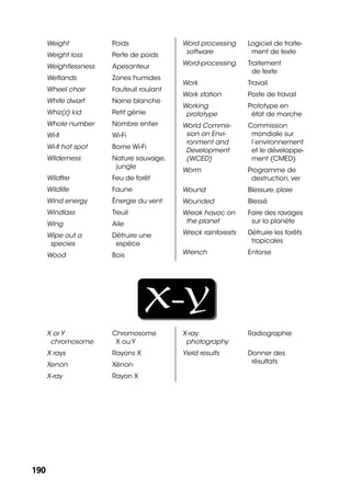 190190
Weight Poids
Weight loss Perte de poids
Weightlessness Apesanteur
Wetlands Zones humides
Wheel chair Fauteuil roulant
White dwarf Naine blanche
Whiz(z) kid Petit génie
Whole number Nombre entier
Wi-ﬁ Wi-Fi
Wi-ﬁ hot spot Borne Wi-Fi
Wilderness Nature sauvage,
jungle
Wildﬁre Feu de forêt
Wildlife Faune
Wind energy Énergie du vent
Windlass Treuil
Wing Aile
Wipe out a
species
Détruire une
espèce
Wood Bois
Word processing
software
Logiciel de traite-
ment de texte
Word-processing Traitement
de texte
Work Travail
Work station Poste de travail
Working
prototype
Prototype en
état de marche
World Commis-
sion on Envi-
ronment and
Development
(WCED)
Commission
mondiale sur
l’environnement
et le développe-
ment (CMED)
Worm Programme de
destruction, ver
Wound Blessure, plaie
Wounded Blessé
Wreak havoc on
the planet
Faire des ravages
sur la planète
Wreck rainforests Détruire les forêts
tropicales
Wrench Entorse
X-Y
X or Y
chromosome
Chromosome
X ou Y
X rays Rayons X
Xenon Xénon
X-ray Rayon X
X-ray
photography
Radiographie
Yield results Donner des
résultats
 