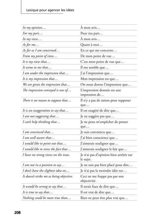 Lexique pour agencer les idées
208208
In my opinion… À mon avis…
For my part… Pour ma part…
In my view… À mon avis…
As for me… Quant à moi…
As far as I am concerned… En ce qui me concerne…
From my point of view… De mon point de vue…
It is my view that… C’est mon point de vue que…
It seems to me that… Il me semble que…
I am under the impression that… J’ai l’impression que…
It is my impression that… Mon impression est que…
We are given the impression that… On nous donne l’impression que…
The impression conveyed is one of… L’impression donnée est une
impression de…
There is no reason to suppose that… Il n’y a pas de raison pour supposer
que…
It is an exaggeration to say that… Il est exagéré de dire que…
I am not suggesting that… Je ne suggère pas que…
I can’t help thinking that… Je ne peux m’empêcher de penser
que…
I am convinced that… Je suis convaincu que…
I am well aware that… J’ai bien conscience que…
I would like to point out that… J’aimerais souligner que…
I would like to stress the fact that… J’aimerais souligner le fait que…
I have no strong views on the issue. Je n’ai pas d’opinion bien arrêtée sur
le sujet.
I am not in a position to say… Je ne suis pas bien placé pour dire…
I don’t have the slightest idea on… Je n’ai pas la moindre idée sur…
It doesn’t strike me as being objective. Ceci ne me frappe pas par son
objectivité.
It would be wrong to say that… Il serait faux de dire que…
It is true to say that… Il est vrai de dire que…
Nothing could be more true than… Rien ne peut être plus vrai que…
 