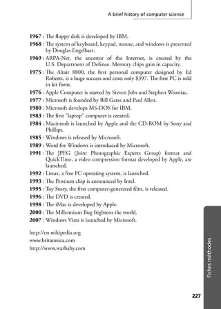227227
Fichesméthodes
A brief history of computer science
1967 : The ﬂoppy disk is developed by IBM.
1968 : The system of keyboard, keypad, mouse, and windows is presented
by Douglas Engelbart.
1969 : ARPA-Net, the ancestor of the Internet, is created by the
U.S. Department of Defense. Memory chips gain in capacity.
1975 : The Altair 8800, the ﬁrst personal computer designed by Ed
Roberts, is a huge success and costs only $397. The ﬁrst PC is sold
in kit form.
1976 : Apple Computer is started by Steven Jobs and Stephen Wozniac.
1977 : Microsoft is founded by Bill Gates and Paul Allen.
1980 : Microsoft develops MS-DOS for IBM.
1983 : The ﬁrst "laptop" computer is created.
1984 : Macintosh is launched by Apple and the CD-ROM by Sony and
Phillips.
1985 : Windows is released by Microsoft.
1989 : Word for Windows is introduced by Microsoft.
1991 : The JPEG (Joint Photographic Experts Group) format and
QuickTime, a video compression format developed by Apple, are
launched.
1992 : Linux, a free PC operating system, is launched.
1993 : The Pentium chip is announced by Intel.
1995 : Toy Story, the ﬁrst computer-generated ﬁlm, is released.
1996 : The DVD is created.
1998 : The iMac is developed by Apple.
2000 : The Millennium Bug frightens the world.
2007 : Windows Vista is launched by Microsoft.
http://en.wikipedia.org
www.britannica.com
http://www.warbaby.com
 