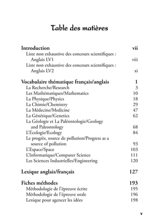 v
Table des matières
Introduction vii
Liste non exhaustive des concours scientiﬁques :
Anglais LV1 viii
Liste non exhaustive des concours scientiﬁques :
Anglais LV2 xi
Vocabulaire thématique français/anglais 1
La Recherche/Research 3
Les Mathématiques/Mathematics 10
La Physique/Physics 18
La Chimie/Chemistry 29
La Médecine/Medicine 47
La Génétique/Genetics 62
La Géologie et La Paléontologie/Geology
and Paleontology 68
L’Écologie/Ecology 84
Le progrès, source de pollution/Progress as a
source of pollution 93
L’Espace/Space 103
L’Informatique/Computer Science 111
Les Sciences Industrielles/Engineering 120
Lexique anglais/français 127
Fiches méthodes 193
Méthodologie de l’épreuve écrite 195
Méthodologie de l’épreuve orale 196
Lexique pour agencer les idées 198
 