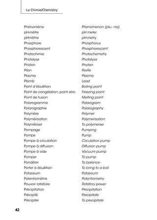 La Chimie/Chemistry
4242
Phénomène Phenomenon (plu. -na)
pH-mètre pH meter
pHmétrie pH-metry
Phosphore Phosphorus
Phosphorescent Phosphorescent
Photochimie Photochemistry
Photolyse Photolysis
Photon Photon
Pilon Pestle
Plasma Plasma
Plomb Lead
Point d’ébullition Boiling point
Point de congélation, point zéro Freezing point
Point de fusion Melting point
Polarogramme Polarogram
Polarographie Polarography
Polymère Polymer
Polymérisation Polymerisation
Polymériser To polymerise
Pompage Pumping
Pompe Pump
Pompe à circulation Circulation pump
Pompe à diffusion Diffusion pump
Pompe à vide Vacuum pump
Pomper To pump
Pondérer To balance
Porter à ébullition To bring to a boil
Potassium Potassium
Potentiométrie Potentiometry
Pouvoir rotatoire Rotatory power
Précipitation Precipitation
Précipité Precipitate
Précipiter To precipitate
 