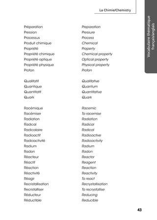 La Chimie/Chemistry
4343
Vocabulairethématique
français/anglais
Préparation Preparation
Pression Pressure
Processus Process
Produit chimique Chemical
Propriété Property
Propriété chimique Chemical property
Propriété optique Optical property
Propriété physique Physical property
Proton Proton
Qualitatif Qualitative
Quantique Quantum
Quantitatif Quantitative
Quark Quark
Racémique Racemic
Racémiser To racemise
Radiation Radiation
Radical Radical
Radicalaire Radical
Radioactif Radioactive
Radioactivité Radioactivity
Radium Radium
Radon Radon
Réacteur Reactor
Réactif Reagent
Réaction Reaction
Réactivité Reactivity
Réagir To react
Recristallisation Recrystallisation
Recristalliser To recrystallise
Réducteur Reducing
Réductible Reducible
 