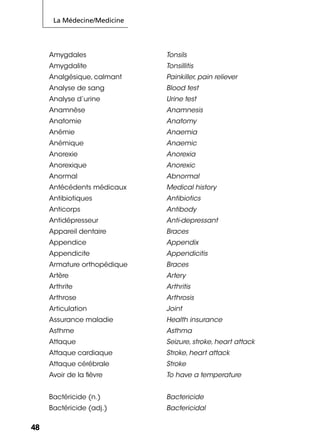 La Médecine/Medicine
4848
Amygdales Tonsils
Amygdalite Tonsillitis
Analgésique, calmant Painkiller, pain reliever
Analyse de sang Blood test
Analyse d’urine Urine test
Anamnèse Anamnesis
Anatomie Anatomy
Anémie Anaemia
Anémique Anaemic
Anorexie Anorexia
Anorexique Anorexic
Anormal Abnormal
Antécédents médicaux Medical history
Antibiotiques Antibiotics
Anticorps Antibody
Antidépresseur Anti-depressant
Appareil dentaire Braces
Appendice Appendix
Appendicite Appendicitis
Armature orthopédique Braces
Artère Artery
Arthrite Arthritis
Arthrose Arthrosis
Articulation Joint
Assurance maladie Health insurance
Asthme Asthma
Attaque Seizure, stroke, heart attack
Attaque cardiaque Stroke, heart attack
Attaque cérébrale Stroke
Avoir de la ﬁèvre To have a temperature
Bactéricide (n.) Bactericide
Bactéricide (adj.) Bactericidal
 