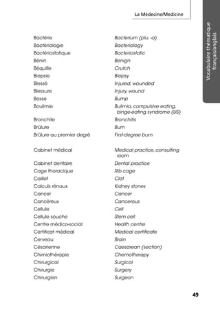 La Médecine/Medicine
4949
Vocabulairethématique
français/anglais
Bactérie Bacterium (plu. -a)
Bactériologie Bacteriology
Bactériostatique Bacteriostatic
Bénin Benign
Béquille Crutch
Biopsie Biopsy
Blessé Injured, wounded
Blessure Injury, wound
Bosse Bump
Boulimie Bulimia, compulsive eating,
binge-eating syndrome (US)
Bronchite Bronchitis
Brûlure Burn
Brûlure au premier degré First-degree burn
Cabinet médical Medical practice, consulting
room
Cabinet dentaire Dental practice
Cage thoracique Rib cage
Caillot Clot
Calculs rénaux Kidney stones
Cancer Cancer
Cancéreux Cancerous
Cellule Cell
Cellule souche Stem cell
Centre médico-social Health centre
Certiﬁcat médical Medical certiﬁcate
Cerveau Brain
Césarienne Caesarean (section)
Chimiothérapie Chemotherapy
Chirurgical Surgical
Chirurgie Surgery
Chirurgien Surgeon
 