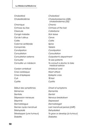 La Médecine/Medicine
5050
Cholestérol Cholesterol
Cholestérolémie Cholestorolaemia (GB),
cholestorolemia (US)
Chronique Chronic
Cirrhose du foie Cirrhosis of the liver
Clavicule Collarbone
Congé maladie Sick leave
Col de l’utérus Cervix
Colite Colitis
Colonne vertébrale Spine
Comprimés Tablets
Constipation Constipation
Consultation Consultation
Consultation externe Outpatient’s department
Consulter To see patients
Consulter un médecin To consult a doctor, to take
medical advice
Cordon ombilical Umbilical cord
Crise cardiaque Heart attack
Crise d’épilepsie Epileptic crisis
Cuti TB test
Cystite Cystitis
Début des symptômes Onset of symptoms
Démence Dementia
Dentiste Dentist
Dépression nerveuse Nervous breakdown
Déprimé Depressed
Dermatologue Dermatologist
Dernier cycle menstruel Last menstrual period (LMP)
Déshydraté Dehydrated
Développer (une tumeur) To grow or develop (a tumour)
Diabète Diabetes
 