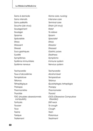 La Médecine/Medicine
6060
Soins à domicile Home care, nursing
Soins intensifs Intensive care
Soins palliatifs Terminal care
Souche (de virus) Strain (of virus)
Soulagement Relief
Soulager To relieve
Spasme Spasm
Spécialiste Specialist
Stress Stress
Stressant Stressful
Stressé Stressed
Sucs gastriques Gastric juices
Surdité Deafness
Symptômes Symptoms
Système immunitaire Immune system
Système nerveux Nervous system
Tachycardie Tachycardia
Taux d’alcoolémie Alcohol level
Température Temperature
Tétanos Tetanus
Tétraplégique Quadriplegia, tetraplegia
Thérapie Therapy
Thermomètre Thermometer
Thyroïde Thyroid
TOC (troubles obsessionnels
compulsifs)
OCD (Obsessive Compulsive
Disorder)
Torticolis Stiff neck
Tousser To cough
Toux Cough
Toxine Toxin
Toxique Poisonous
Traitement Treatment
 