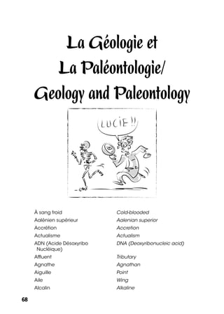 6868
La Géologie et
La Paléontologie/
Geology and Paleontology
À sang froid Cold-blooded
Aalénien supérieur Aalenian superior
Accrétion Accretion
Actualisme Actualism
ADN (Acide Désoxyribo
Nucléique)
DNA (Deoxyribonucleic acid)
Afﬂuent Tributary
Agnathe Agnathan
Aiguille Point
Aile Wing
Alcalin Alkaline
 