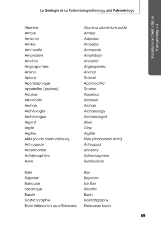 La Géologie et La Paléontologie/Geology and Paleontology
6969
Vocabulairethématique
français/anglais
Alumine Alumina, aluminium oxide
Ambre Amber
Amiante Asbestos
Amibe Amoeba
Ammonite Ammonite
Amphibien Amphibian
Ancêtre Ancestor
Angiospermes Angiosperms
Animal Animal
Aplanir To level
Apomorphique Apomorphic
Apparaître (espèce) To arise
Aqueux Aqueous
Arboricole Arboreal
Archae Archae
Archéologie Archaeology
Archéologue Archaeologist
Argent Silver
Argile Clay
Argilite Argilite
ARN (acide ribonucléique) RNA (ribonucleic acid)
Arthropode Arthropod
Ascendance Ancestry
Asthénosphère Asthenosphere
Aven Swallowhole
Baie Bay
Bajocien Bajocian
Banquise Ice ﬂoe
Basaltique Basaltic
Bassin Basin
Biostratigraphie Biostratigraphy
Biote édiacarien ou d’Ediacara Ediacaran biota
 