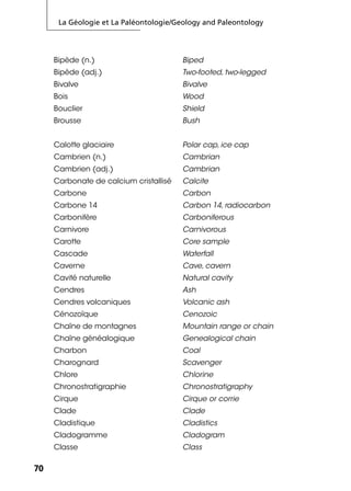 La Géologie et La Paléontologie/Geology and Paleontology
7070
Bipède (n.) Biped
Bipède (adj.) Two-footed, two-legged
Bivalve Bivalve
Bois Wood
Bouclier Shield
Brousse Bush
Calotte glaciaire Polar cap, ice cap
Cambrien (n.) Cambrian
Cambrien (adj.) Cambrian
Carbonate de calcium cristallisé Calcite
Carbone Carbon
Carbone 14 Carbon 14, radiocarbon
Carbonifère Carboniferous
Carnivore Carnivorous
Carotte Core sample
Cascade Waterfall
Caverne Cave, cavern
Cavité naturelle Natural cavity
Cendres Ash
Cendres volcaniques Volcanic ash
Cénozoïque Cenozoic
Chaîne de montagnes Mountain range or chain
Chaîne généalogique Genealogical chain
Charbon Coal
Charognard Scavenger
Chlore Chlorine
Chronostratigraphie Chronostratigraphy
Cirque Cirque or corrie
Clade Clade
Cladistique Cladistics
Cladogramme Cladogram
Classe Class
 