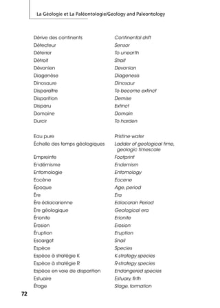 La Géologie et La Paléontologie/Geology and Paleontology
7272
Dérive des continents Continental drift
Détecteur Sensor
Déterrer To unearth
Détroit Strait
Dévonien Devonian
Diagenèse Diagenesis
Dinosaure Dinosaur
Disparaître To become extinct
Disparition Demise
Disparu Extinct
Domaine Domain
Durcir To harden
Eau pure Pristine water
Échelle des temps géologiques Ladder of geological time,
geologic timescale
Empreinte Footprint
Endémisme Endemism
Entomologie Entomology
Eocène Eocene
Époque Age, period
Ère Era
Ère édiacarienne Ediacaran Period
Ère géologique Geological era
Érionite Erionite
Érosion Erosion
Éruption Eruption
Escargot Snail
Espèce Species
Espèce à stratégie K K-strategy species
Espèce à stratégie R R-strategy species
Espèce en voie de disparition Endangered species
Estuaire Estuary, ﬁrth
Étage Stage, formation
 