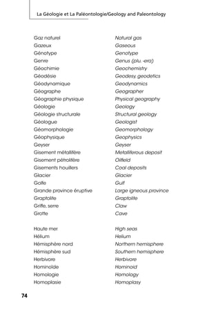 La Géologie et La Paléontologie/Geology and Paleontology
7474
Gaz naturel Natural gas
Gazeux Gaseous
Génotype Genotype
Genre Genus (plu. -era)
Géochimie Geochemistry
Géodésie Geodesy, geodetics
Géodynamique Geodynamics
Géographe Geographer
Géographie physique Physical geography
Géologie Geology
Géologie structurale Structural geology
Géologue Geologist
Géomorphologie Geomorphology
Géophysique Geophysics
Geyser Geyser
Gisement métallifère Metalliferous deposit
Gisement pétrolifère Oilﬁeld
Gisements houillers Coal deposits
Glacier Glacier
Golfe Gulf
Grande province éruptive Large igneous province
Graptolite Graptolite
Griffe, serre Claw
Grotte Cave
Haute mer High seas
Hélium Helium
Hémisphère nord Northern hemisphere
Hémisphère sud Southern hemisphere
Herbivore Herbivore
Hominoïde Hominoid
Homologie Homology
Homoplasie Homoplasy
 