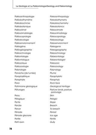 La Géologie et La Paléontologie/Geology and Paleontology
7878
Paléoanthropologie Paleoanthropology
Paléobathymétrie Paleobathymetry
Paléobiochimie Paleobiochemistry
Paléobotanique Paleobotanics
Paléoclimat Paleoclimate
Paléoclimatologie Paleoclimatology
Paléocoprologie Paleocoprology
Paléoécologie Paleoecology
Paléoenvironnement Paleoenvironment
Paléogène Paleogene
Paléogéographie Paleogeography
Paléoichnologie Paleoichnology
Paléontologie Palaeontology
Paléontologue Palaeontologist
Paléozoïque Paleozoic
Paléozoologie Paleozoology
Palynologie Palynology
Panache (de fumée) Plume
Paraphylétique Paraphyletic
Paraphylie Paraphyly
Paroi Rock face
Patrimoine géologique Geological heritage
Pâturages Pasture lands, pasture,
pasturage
Peau Skin
Pélagique Pelagic
Pente Slope
Percée Breach
Percer To breach
Période Period
Période glaciaire Ice age
Perlite Perlite
Petit ravin Gully
 