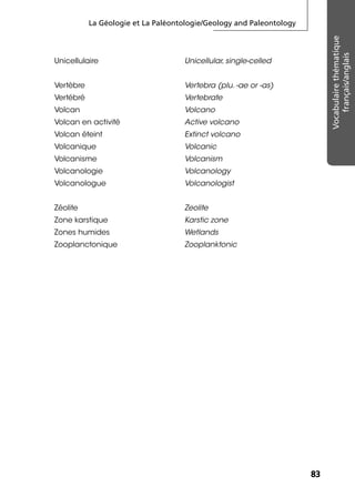 La Géologie et La Paléontologie/Geology and Paleontology
8383
Vocabulairethématique
français/anglais
Unicellulaire Unicellular, single-celled
Vertèbre Vertebra (plu. -ae or -as)
Vertébré Vertebrate
Volcan Volcano
Volcan en activité Active volcano
Volcan éteint Extinct volcano
Volcanique Volcanic
Volcanisme Volcanism
Volcanologie Volcanology
Volcanologue Volcanologist
Zéolite Zeolite
Zone karstique Karstic zone
Zones humides Wetlands
Zooplanctonique Zooplanktonic
 