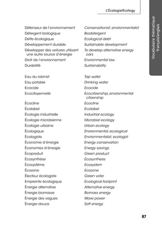 L’Écologie/Ecology
8787
Vocabulairethématique
français/anglais
Défenseur de l’environnement Conservationist, environmentalist
Détergent biologique Biodetergent
Dette écologique Ecological debt
Développement durable Sustainable development
Développer des voitures utilisant
une autre source d’énergie
To develop alternative energy
cars
Droit de l’environnement Environmental law
Durabilité Sustainability
Eau du robinet Tap water
Eau potable Drinking water
Ecocide Ecocide
Ecocitoyenneté Ecocitizenship, environmental
citizenship
Écocline Ecocline
Écolabel Ecolabel
Écologie industrielle Industrial ecology
Écologie microbienne Microbial ecology
Écologie urbaine Urban ecology
Écologique Environmental, ecological
Écologiste Environmentalist, ecologist
Économie d’énergie Energy conservation
Économies d’énergie Energy savings
Écoproduit Green product
Écosynthèse Ecosynthesis
Écosystème Ecosystem
Écozone Ecozone
Électeur écologiste Green voter
Empreinte écologique Ecological footprint
Énergie alternative Alternative energy
Énergie biomasse Biomass energy
Énergie des vagues Wave power
Énergie douce Soft energy
 