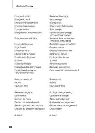 L’Écologie/Ecology
8888
Énergie durable Sustainable energy
Énergie du vent Wind energy
Énergie hydroélectrique Hydropower
Énergie marémotrice Tidal energy, tidal power
Énergie solaire Solar energy
Énergies non renouvelables Non-renewable energy,
conventional energy
Énergies renouvelables Sustainable or renewable
energies, renewables
Engrais biologique Biofertilizer, organic fertilizer
Engrais vert Green manure
Entreprise verte Green company or ﬁrm
Équilibre de la nature Balance of nature
Équilibre écologique Ecological balance
Espèce Species
Espèce protégée Protected species
Évaluation des dommages Damage assessment
Évaluation des risques
environnementaux
Environmental risk assessment
Faire du compost To compost
Faune Wildlife
Faune et ﬂore Fauna and ﬂora
Génie écologique Ecological engineering
Géothermie Geothermal energy
Gestion de l’eau Water management
Gestion de la biodiversité Biodiversity management
Gestion globale des déchets Global waste management
Groupe de pression écologiste Green lobby
Habitat Habitat
 