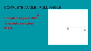 COMPLETE ANGLE / FULL ANGLE
Complete angle is 360°
is called a complete
angle.
 