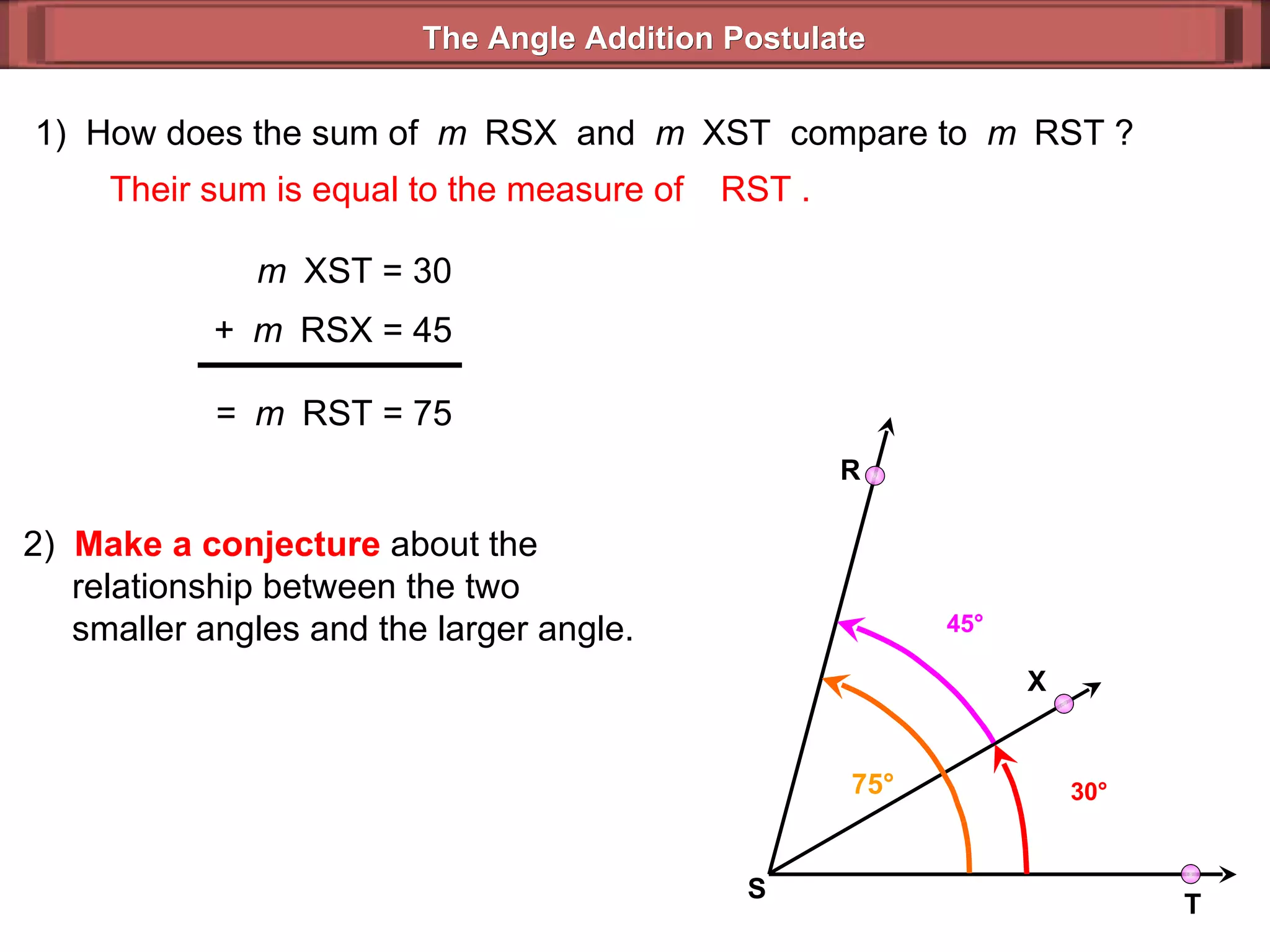 30 ° 45 ° 75 ° =  m  RST = 75 m  XST = 30 +  m  RSX = 45 1)  How does the sum of  m  RSX  and  m  XST  compare to  m  RST ? 2)  Make a conjecture  about the    relationship between the two    smaller angles and the larger angle. Their sum is equal to the measure of   RST . The Angle Addition Postulate R T S X 