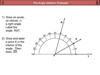 1)  Draw an acute,   an obtuse,  or   a right angle.   Label the   angle  RST. The Angle Addition Postulate R T S 2)  Draw and label   a point X in the   interior of the    angle.  Then    draw  SX. X 