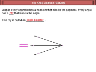 Just as every segment has a midpoint that bisects the segment, every angle has a ___ that bisects the angle. ray This ray is called an ____________ . angle bisector The Angle Addition Postulate 