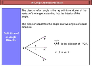 m  1  =  m  2 The Angle Addition Postulate The bisector of an angle is the ray with its endpoint at the vertex of the angle, extending into the interior of the  angle.  The bisector separates the angle into two angles of equal measure. Definition of an Angle  Bisector 2 1 A R P Q is the bisector of   PQR. 