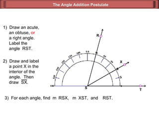 1)  Draw an acute,   an obtuse,  or   a right angle.   Label the   angle  RST. 3)  For each angle, find  m  RSX,  m  XST,  and   RST. The Angle Addition Postulate R T S 2)  Draw and label   a point X in the   interior of the    angle.  Then    draw  SX. X 