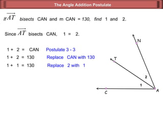 If  bisects   CAN  and  m  CAN  =  130,  find   1  and   2.  1 +   2  =   CAN Postulate 3 - 3  1 +   2  =  130 Replace   CAN with 130  1 +   1  =  130 Replace   2 with   1 The Angle Addition Postulate Since  bisects   CAN,   1  =   2. 1 2 A C N T 
