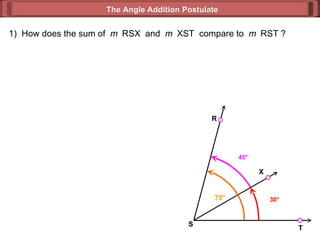 30 ° 45 ° 75 ° 1)  How does the sum of  m  RSX  and  m  XST  compare to  m  RST ? The Angle Addition Postulate R T S X 