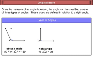 Once the measure of an angle is known, the angle can be classified as one of three types of angles.  These types are defined in relation to a right angle. Angle Measure Types of Angles A right angle  m  A = 90 obtuse angle  90 < m  A < 180 A 