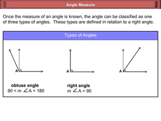 Once the measure of an angle is known, the angle can be classified as one of three types of angles.  These types are defined in relation to a right angle. Angle Measure Types of Angles A right angle  m  A = 90 A obtuse angle  90 < m  A < 180 A 