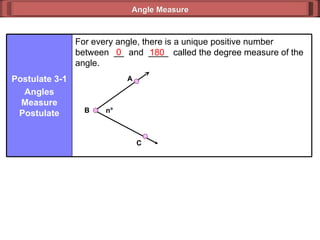 0 180 Angle Measure For every angle, there is a unique positive number between  __  and  ____  called the degree measure of the angle. Postulate 3-1 Angles Measure Postulate B A C n ° 