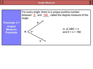 0 180 Angle Measure For every angle, there is a unique positive number between  __  and  ____  called the degree measure of the angle. Postulate 3-1 Angles Measure Postulate B A C n ° m  ABC = n and 0 < n < 180 