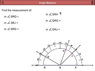 Find the measurement of: Angle Measure J H G S Q R m  SRQ =  m  S RJ =  m  SRG =  m  QRG =  m  GRJ =  m  SRH  