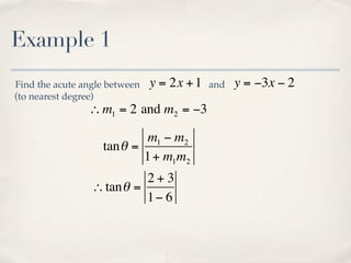 Example 1
Find the acute angle between   y = 2x + 1   and   y = −3x − 2
(to nearest degree)
                ∴ m1 = 2 and m2 = −3

                           m1 − m2
                   tan θ =
                           1 + m1m2
                           2+3
                 ∴ tan θ =
                           1− 6
 