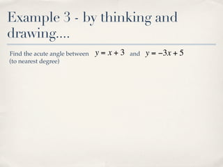 Example 3 - by thinking and
drawing....
Find the acute angle between   y= x+3   and   y = −3x + 5
(to nearest degree)
 