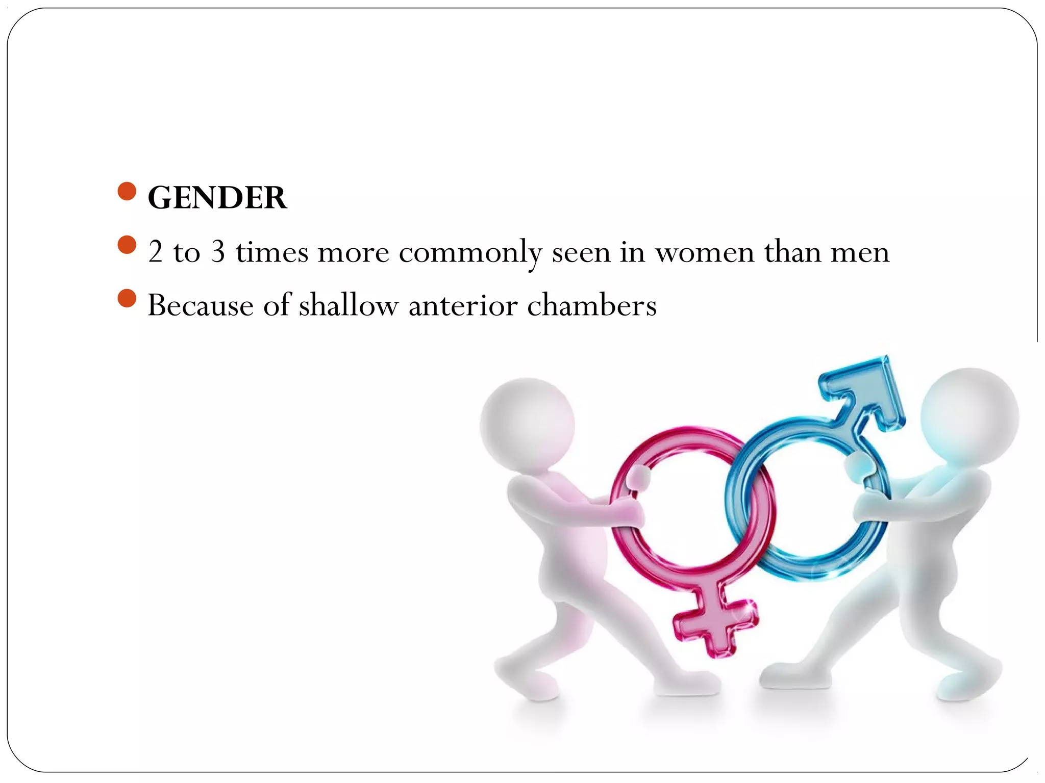 08/22/15
GENDER
2 to 3 times more commonly seen in women than men
Because of shallow anterior chambers
 