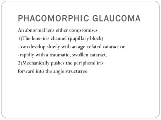 PHACOMORPHIC GLAUCOMA
An abnormal lens either compromises
1)The lens–iris channel (pupillary block)
- can develop slowly with an age-related cataract or
-rapidly with a traumatic, swollen cataract.
2)Mechanically pushes the peripheral iris
forward into the angle structures
 