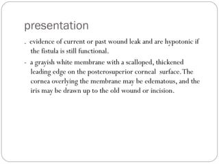 presentation
. evidence of current or past wound leak and are hypotonic if
the fistula is still functional.
- a grayish white membrane with a scalloped, thickened
leading edge on the posterosuperior corneal surface.The
cornea overlying the membrane may be edematous, and the
iris may be drawn up to the old wound or incision.
 