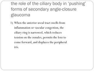 the role of the ciliary body in ‘pushing’
forms of secondary angle-closure
glaucoma
1) When the anterior uveal tract swells from
inflammation or vascular congestion, the
ciliary ring is narrowed, which reduces
tension on the zonules, permits the lens to
come forward, and displaces the peripheral
iris.
 