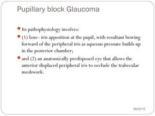 Pupillary block Glaucoma
08/22/15
Its pathophysiology involves:
(1) lens– iris apposition at the pupil, with resultant bowing
forward of the peripheral iris as aqueous pressure builds up
in the posterior chamber;
and (2) an anatomically predisposed eye that allows the
anterior displaced peripheral iris to occlude the trabecular
meshwork.
 