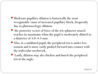 08/22/15
Moderate pupillary dilation is historically the most
recognizable cause of increased pupillary block, frequently
due to pharmacologic dilation.
 the posterior vector of force of the iris sphincter muscle
reaches its maximum when the pupil is moderately dilated to
a diameter of 3.0–4.5 mm.
Also, in a midilated pupil, the peripheral iris is under less
tension and is more easily pushed forward into contact with
the trabecular meshwork.
 Lastly, dilation may also thicken and bunch the peripheral
iris in the angle.
 