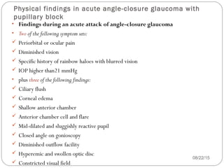 Physical findings in acute angle-closure glaucoma with
pupillary block
08/22/15
• Findings during an acute attack of angle-closure glaucoma
• Two of the following symptom sets:
 Periorbital or ocular pain
 Diminished vision
 Specific history of rainbow haloes with blurred vision
 IOP higher than21 mmHg
• plus three of the following findings:
 Ciliary flush
 Corneal edema
 Shallow anterior chamber
 Anterior chamber cell and flare
 Mid-dilated and sluggishly reactive pupil
 Closed angle on gonioscopy
 Diminished outflow facility
 Hyperemic and swollen optic disc
 Constricted visual field
 
