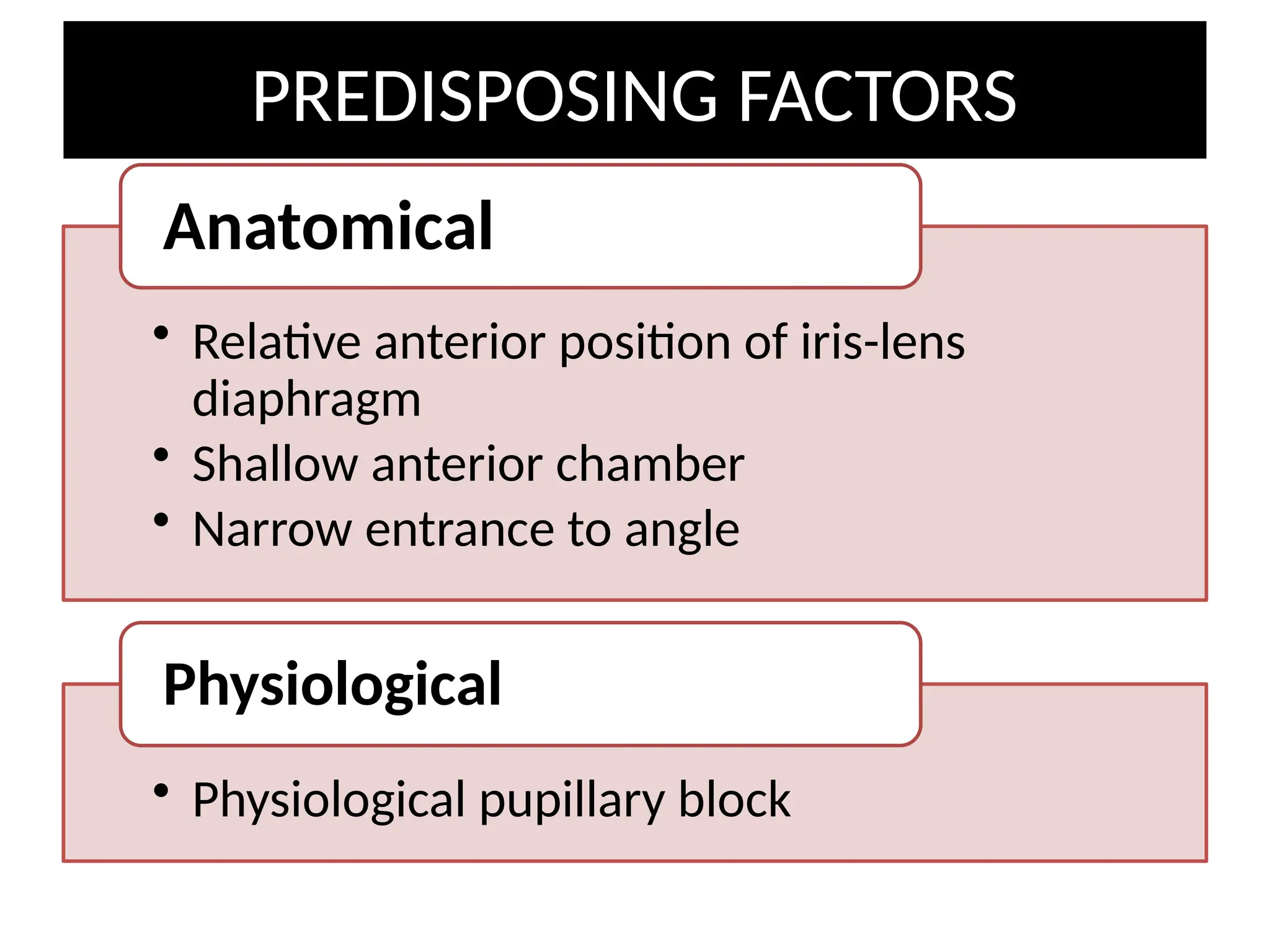 PREDISPOSING FACTORS
• Relative anterior position of iris-lens
diaphragm
• Shallow anterior chamber
• Narrow entrance to angle
Anatomical
• Physiological pupillary block
Physiological
 