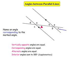 a
f
e
h
g
d
c
Name an angle
corresponding to the
marked angle.
Vertically opposite angles are equal.
Corresponding angles are equal.
Alternate angles are equal.
Interior angles sum to 180o .(Supplementary)
Angles between Parallel Lines
 