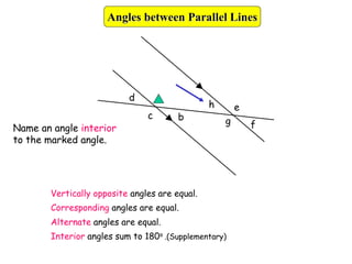 h
f
e
b g
d
c
Name an angle interior
to the marked angle.
Vertically opposite angles are equal.
Corresponding angles are equal.
Alternate angles are equal.
Interior angles sum to 180o .(Supplementary)
Angles between Parallel Lines
 