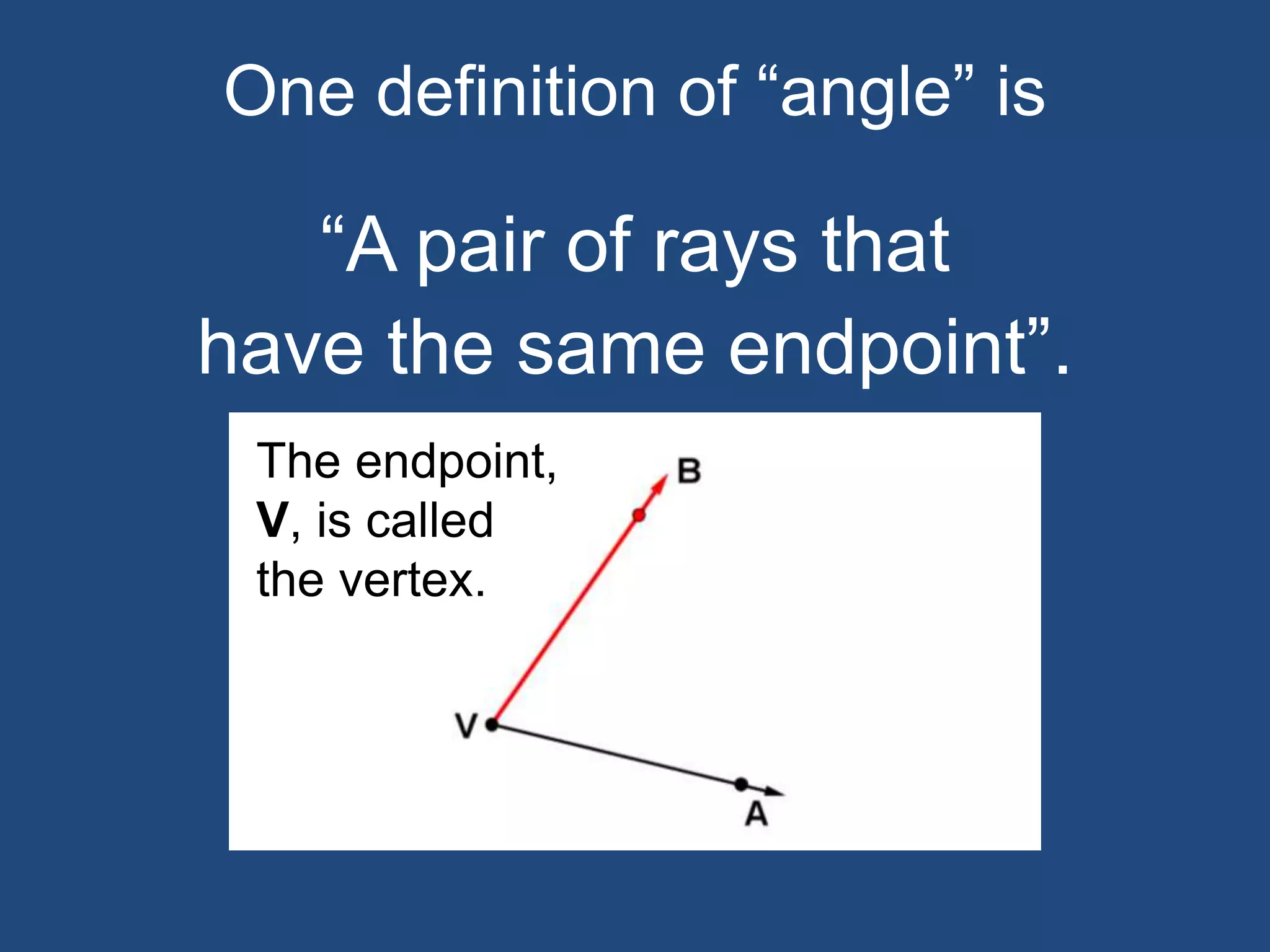 One definition of “angle” is
“A pair of rays that
have the same endpoint”.
The endpoint,
V, is called
the vertex.
 
