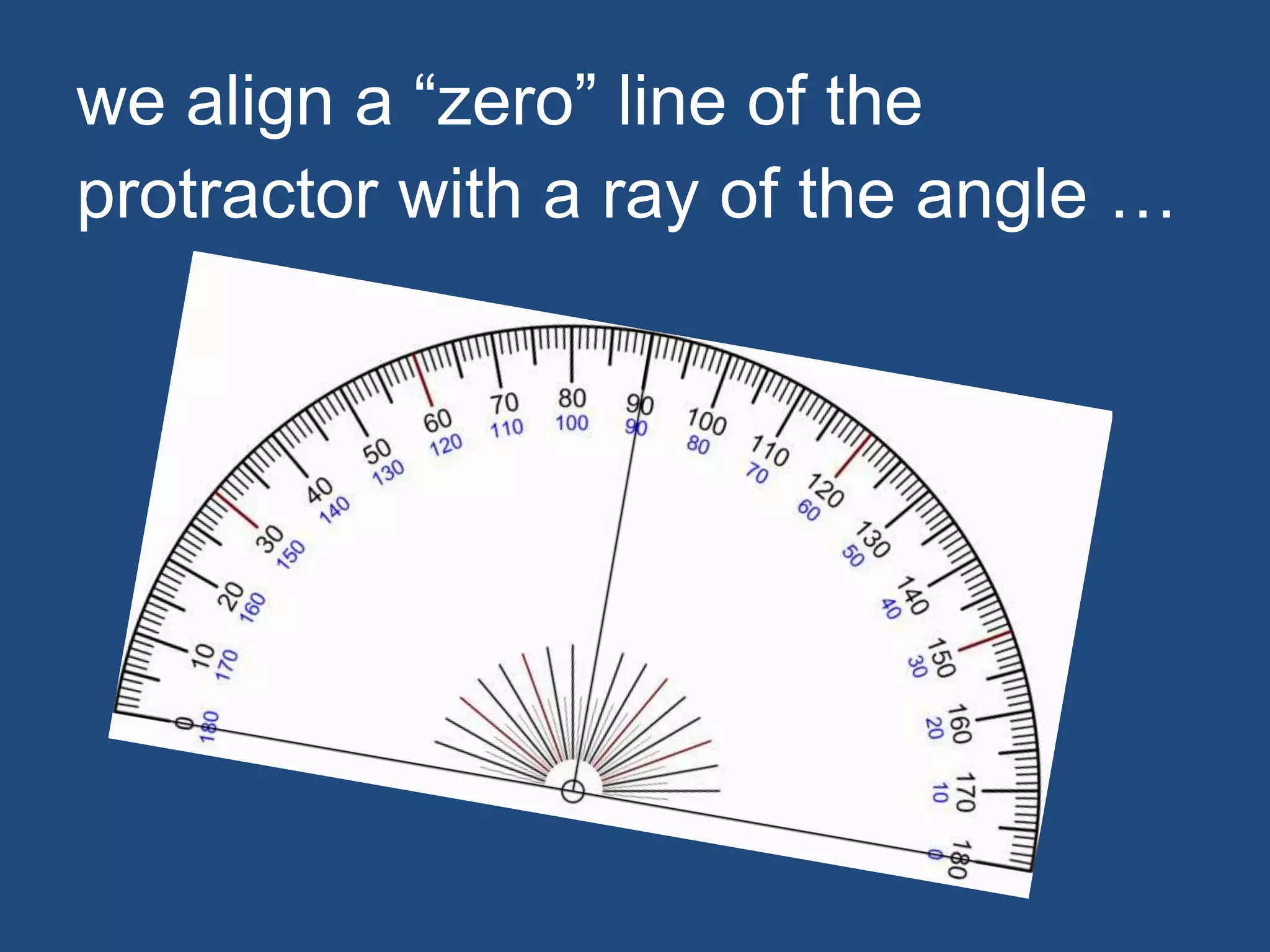 we align a “zero” line of the
protractor with a ray of the angle …
 