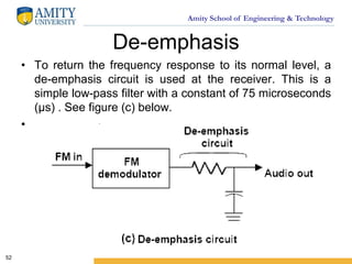 Amity School of Engineering & Technology
De-emphasis
• To return the frequency response to its normal level, a
de-emphasis circuit is used at the receiver. This is a
simple low-pass filter with a constant of 75 microseconds
(µs) . See figure (c) below.
•
52
 